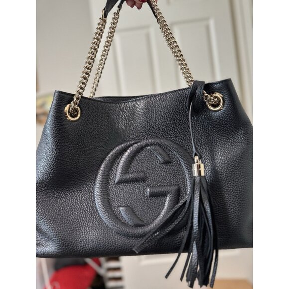 Gucci Soho Handbag Black Leather Tassel Double Chain Medium Shoulder Bag Purse - Picture 2 of 11